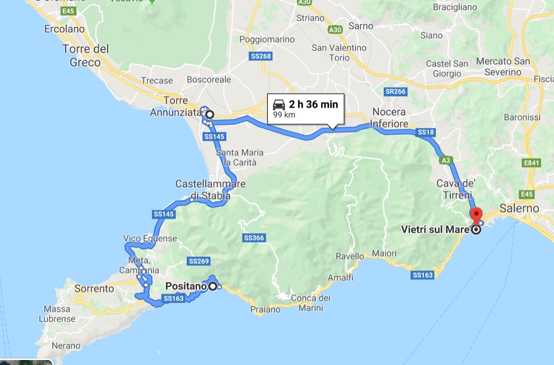 Map to Pompeii from Amalfitana Coast